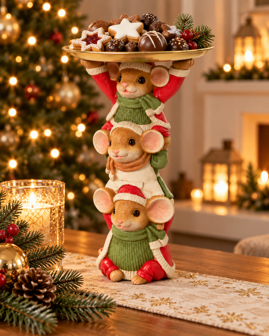 Dekofigur Mäuse Weihnachtsfreude mit Tablett grün 28,5 cm