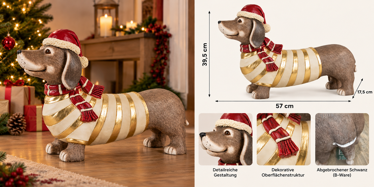 Weihnachtsfigur Bruno Dackel Gold Weiß 57 cm B-Ware