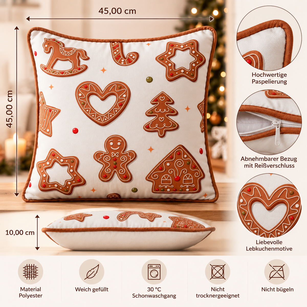 Sofa cushion Ginger gingerbread motif 45x45cm Christmas decoration