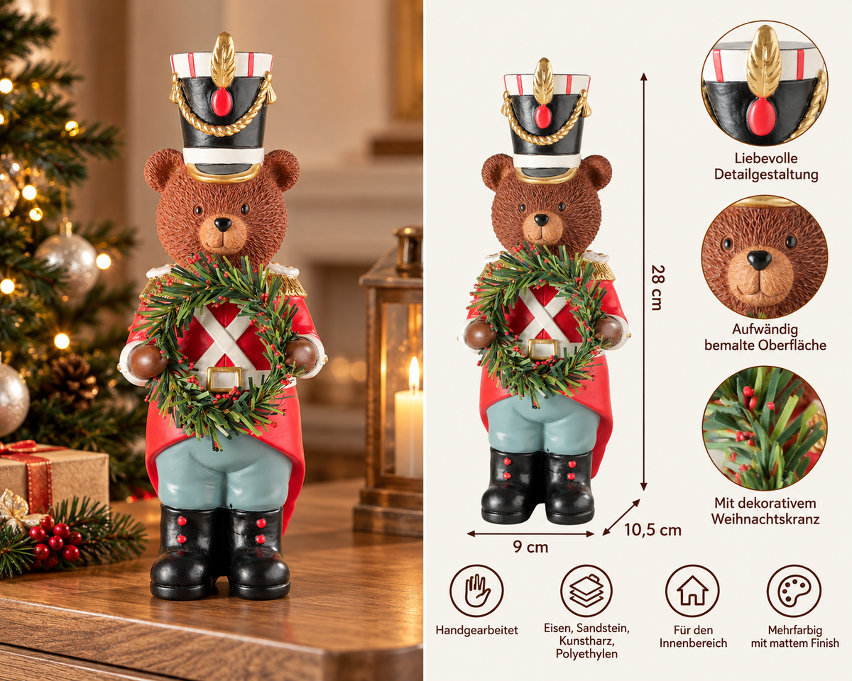Weihnachtsfigur Nussknackerbär Lenny Rot Braun 28 cm