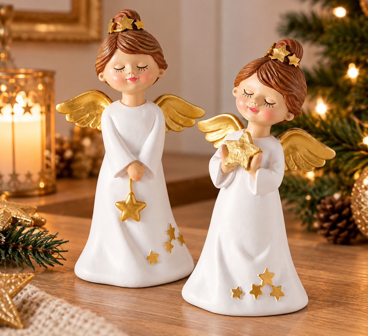Deko Engel Emiliana Weiß Gold 2er Set 21 cm