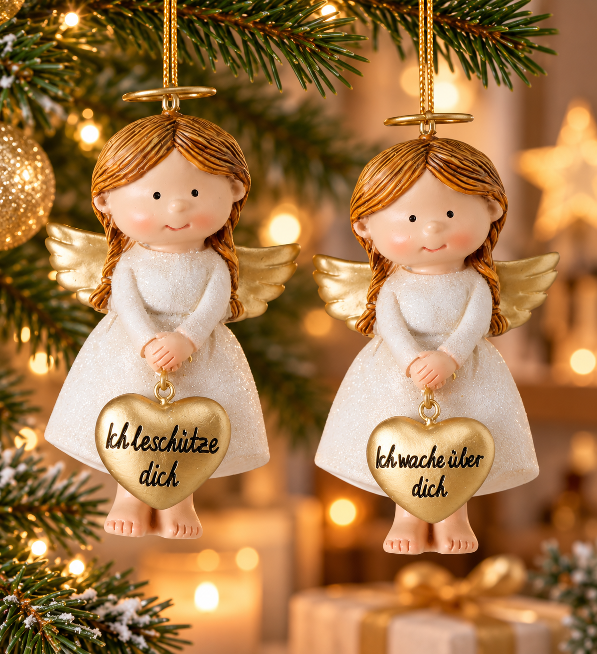Weihnachtsanhänger Schutzengel Harriet mit Herz 2er Set gold weiß 9 cm