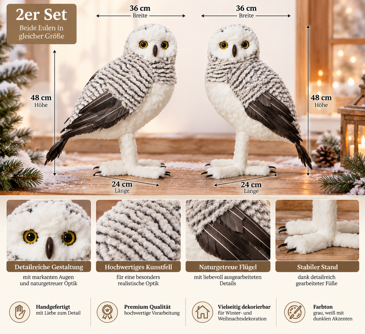 Dekofiguren Schneeeulen Winterblick grau 48 cm 2er Set