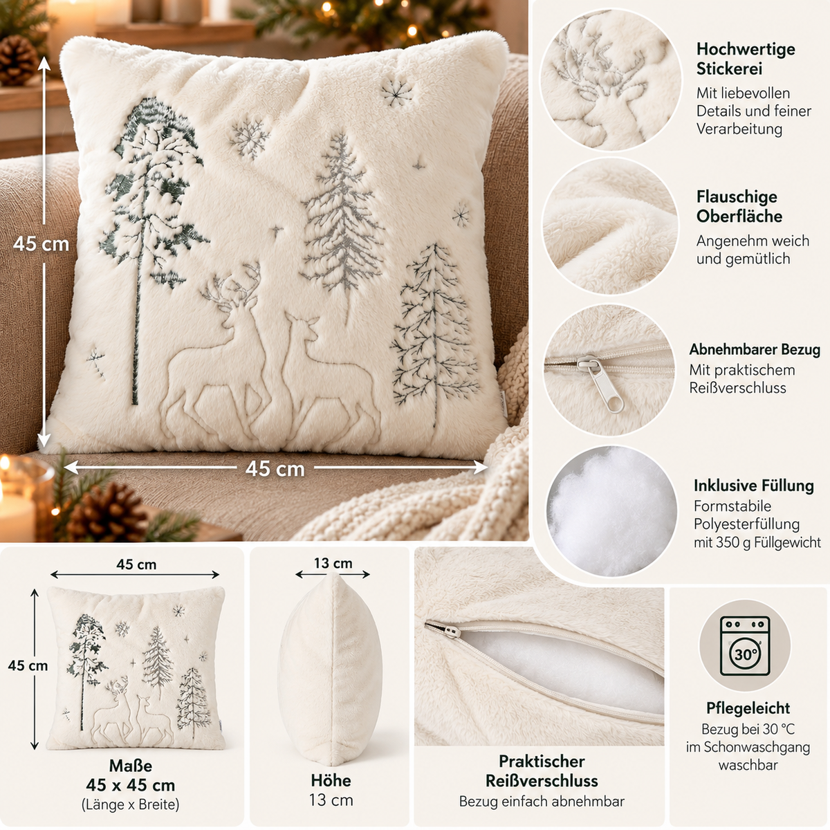 Dekokissen Winterwald Cremeweiß mit Hirschmotiv 45 x 45 cm