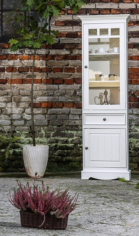 Bologna Elegante Massivholz Kiefer Vitrine 1-Türig | Farbe weiß