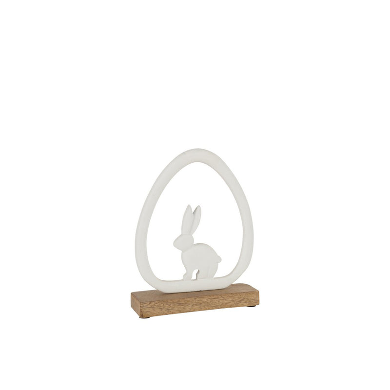 Easter decoration stainless steel rabbit in egg frame on wooden base 29.5 cm white