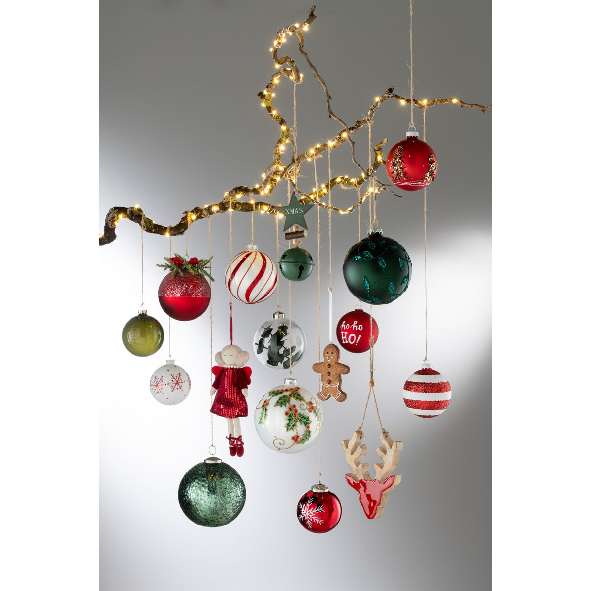 Box mit 6 Weihnachtskugeln, Weihnachtsbäumen, glitzerndes Glas, Weiß/RD, klein