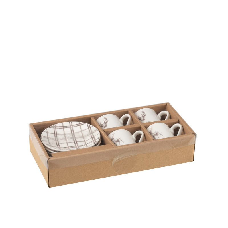 Set of 4 tea espresso cups with saucers reindeer design ceramic 80 ml white brown