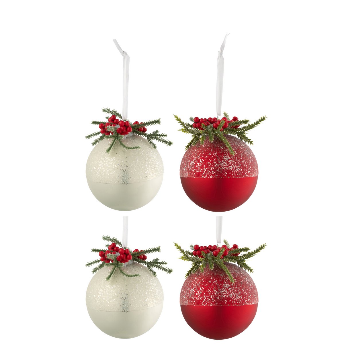 J-Line Box mit 4 Weihnachtskugeln, Weihnachtsdekoration + Beeren, Zuckerglas, Weiß/RD, klein
