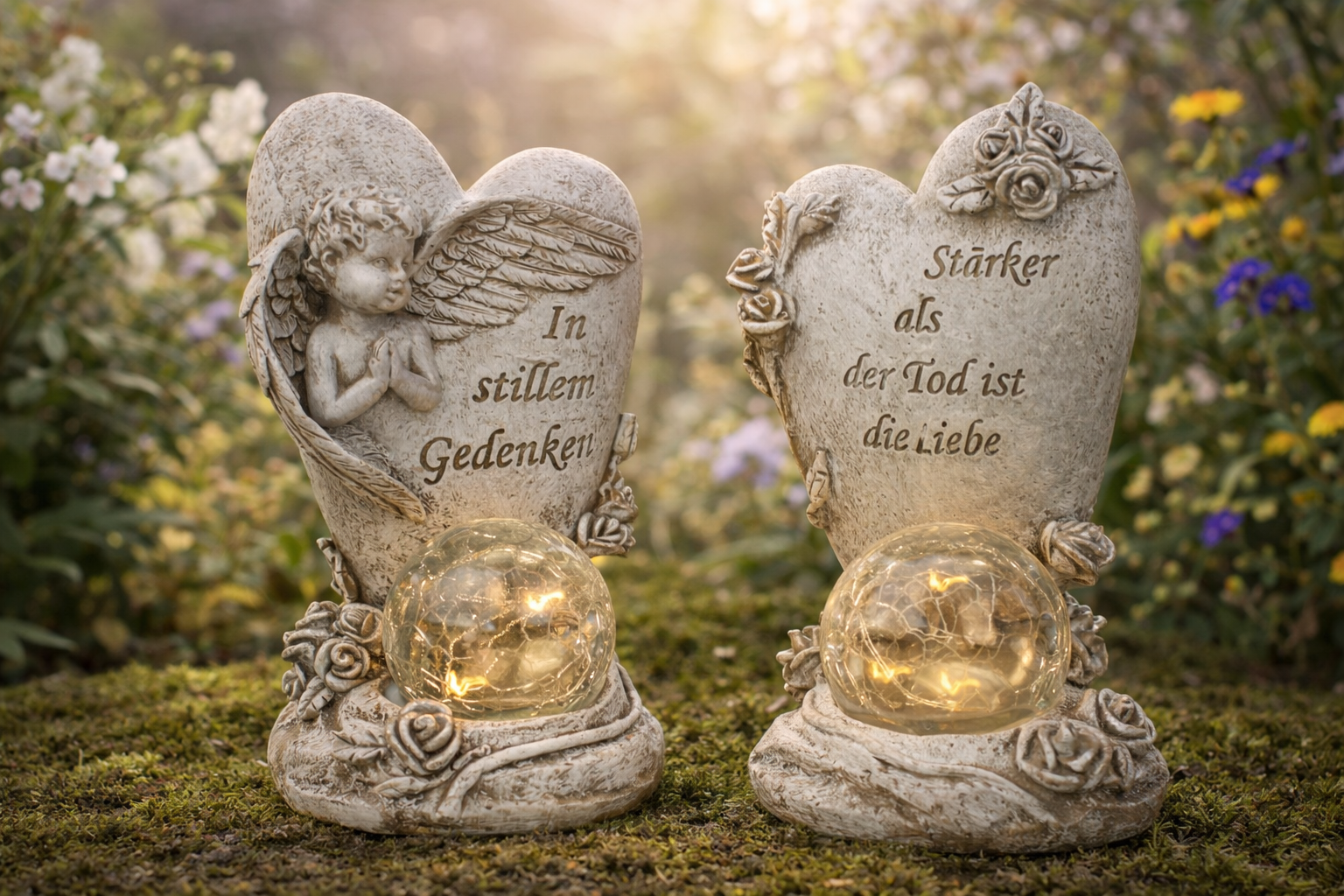 Ewiger Trost Grabherz Engel Gedenkfigur mit Solarlicht 2er Set
