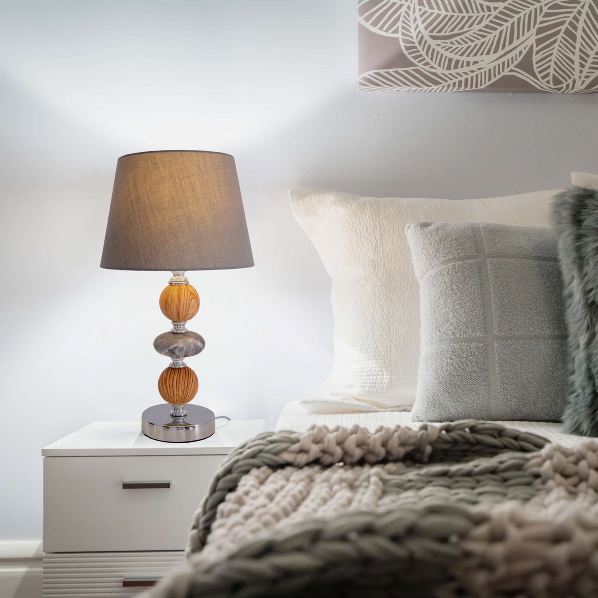Keramik Tischleuchte "ARAGA" 36 cm hoch, Tischlampe aus Metall, Holz und Marmor, mit Textilschirm, grau, mit E14-Fassung, Beleuchtung für Esszimmer, Wohnzimmer, Diele oder Büro