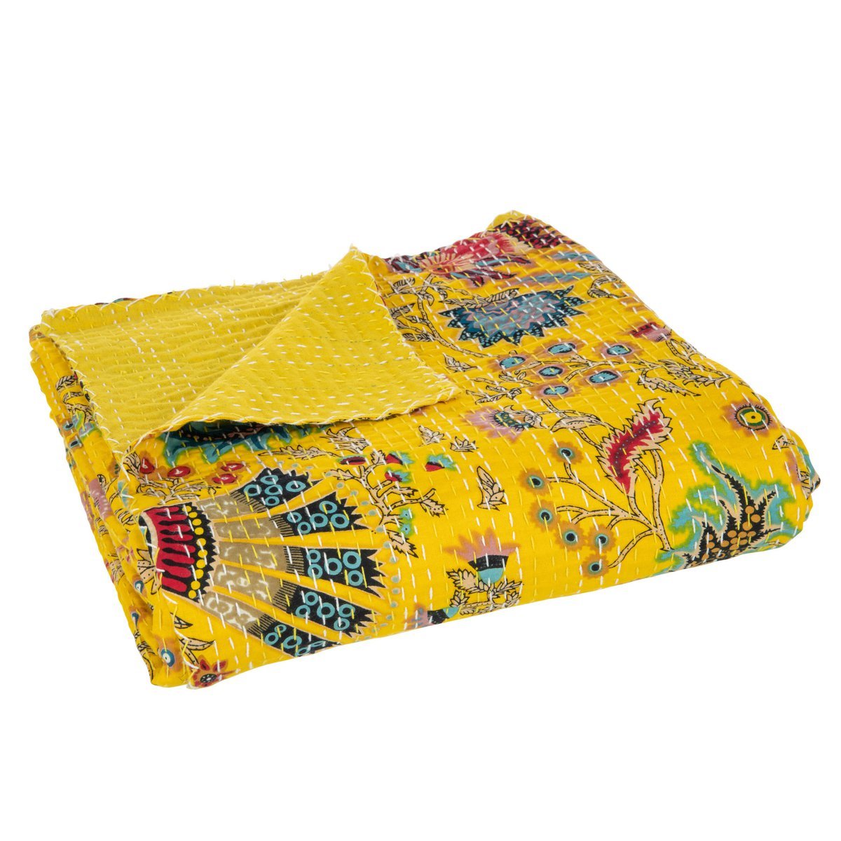 J-Line Plaid/Strangmatte Blumen+Stiche Baumwolle Gelb Groß