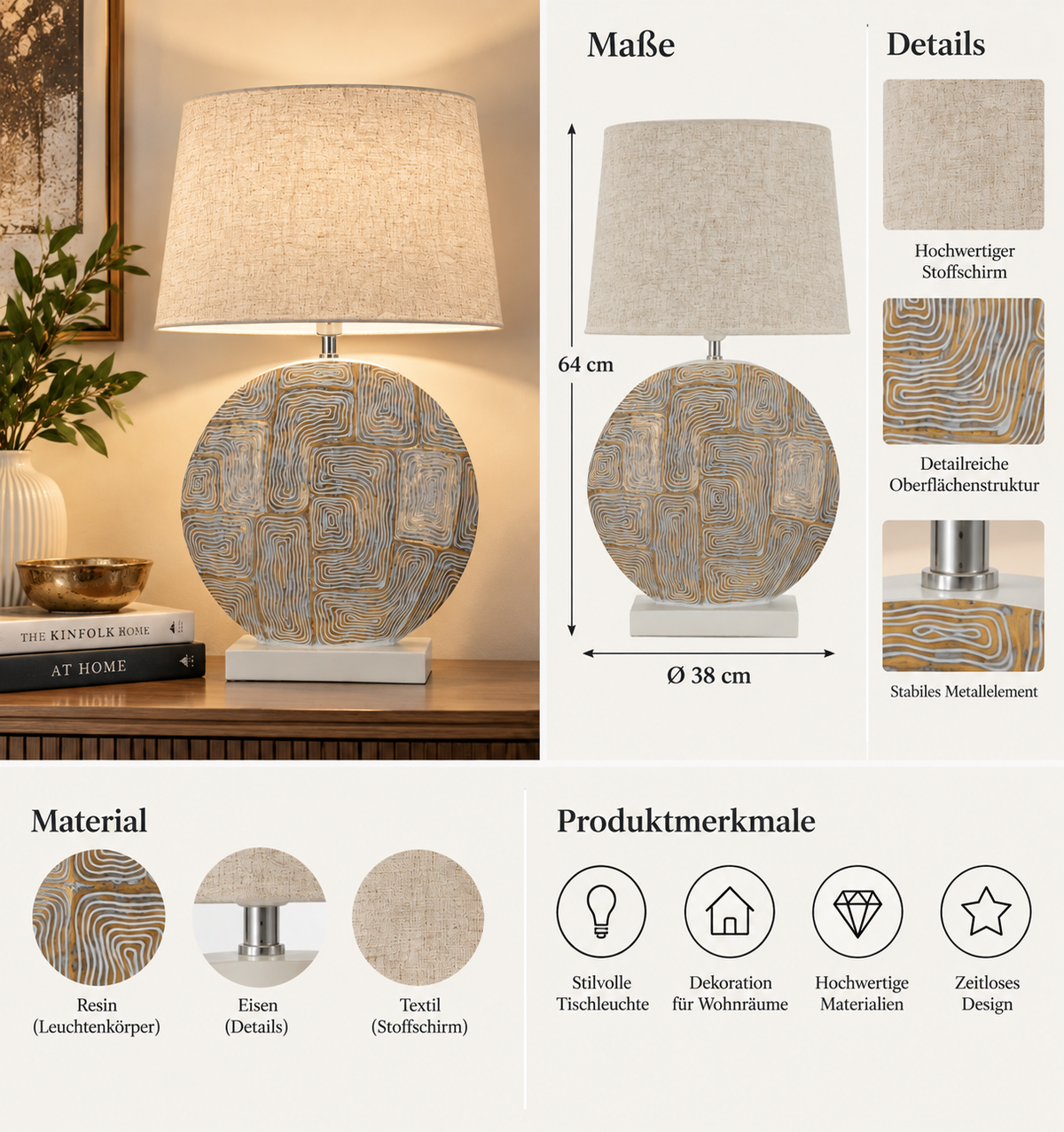 Tischleuchte Eclips rund Beige Grau Gold 64 cm