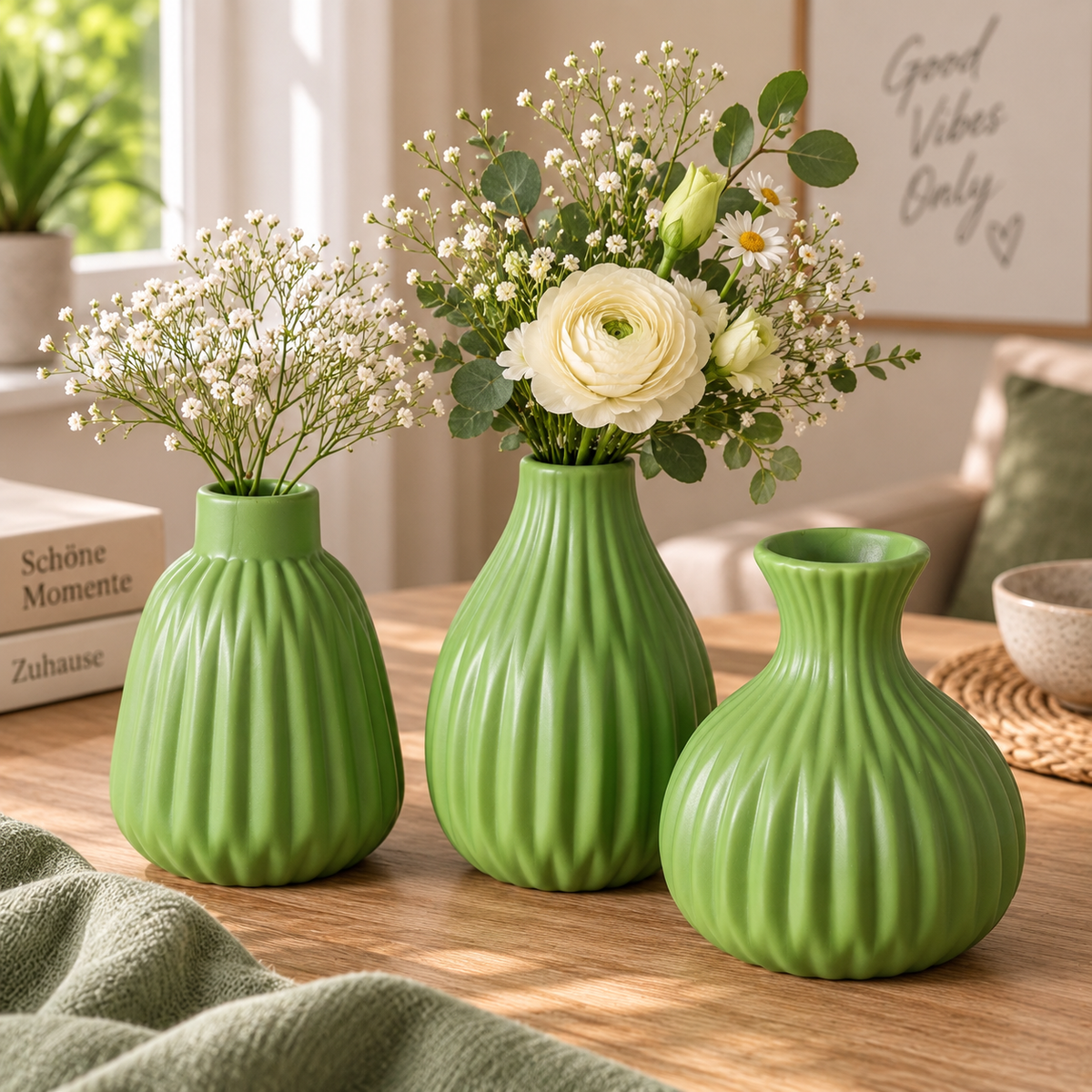 Vase Esko – 3er Set in frischem Grün Keramik Matt Geriffelt
