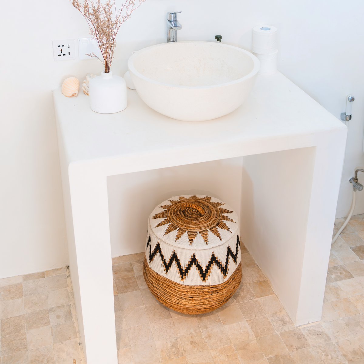 Wäschekorb mit Deckel – Boho-Wäschekorb rund – großer Boho-Korb – geflochtener Korb mit Baumwollmuster PALEM (3 Größen Ø33/43/55 cm)