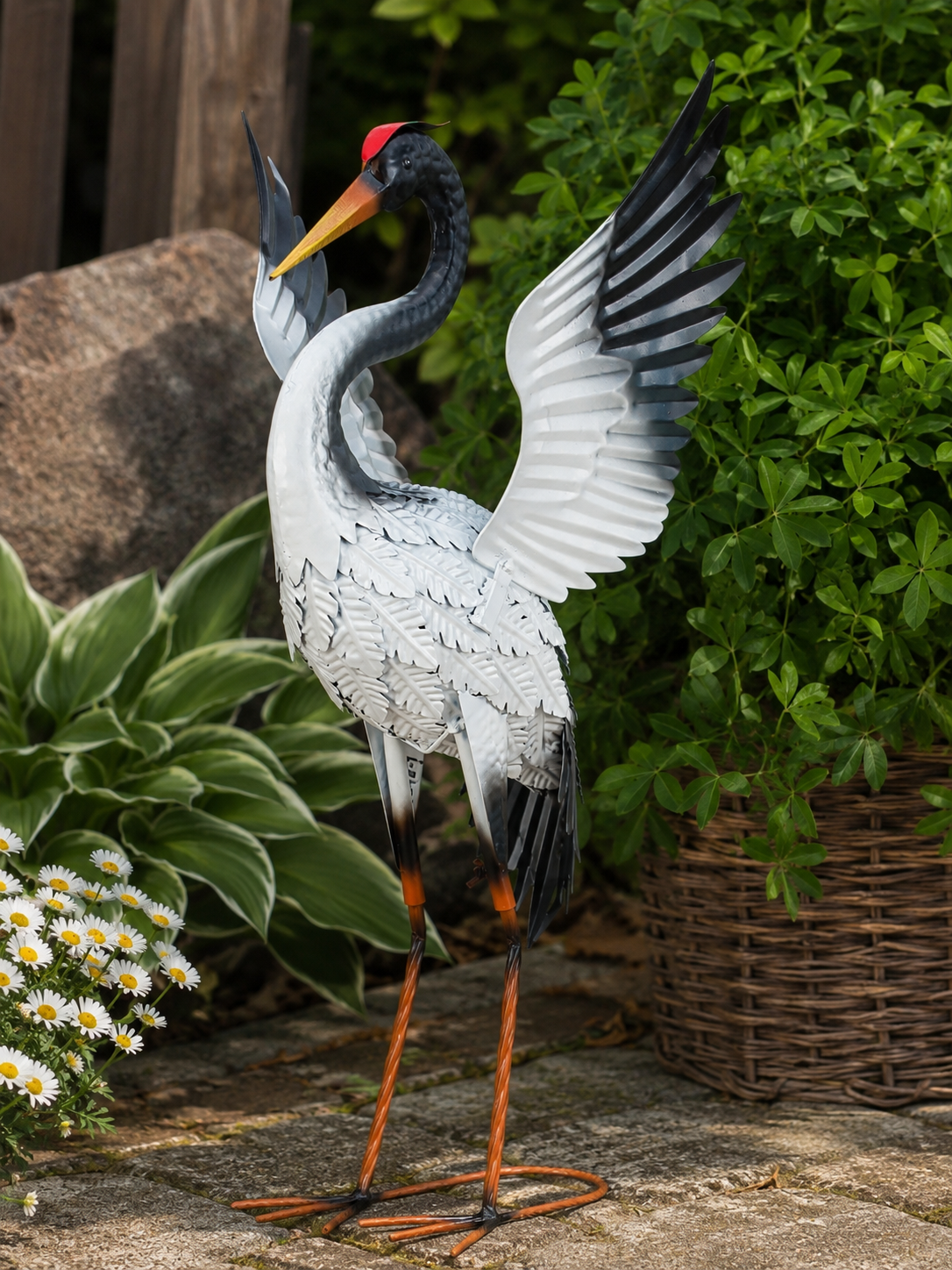 Metall Storch Federflug Gartenfigur stehend 82 cm