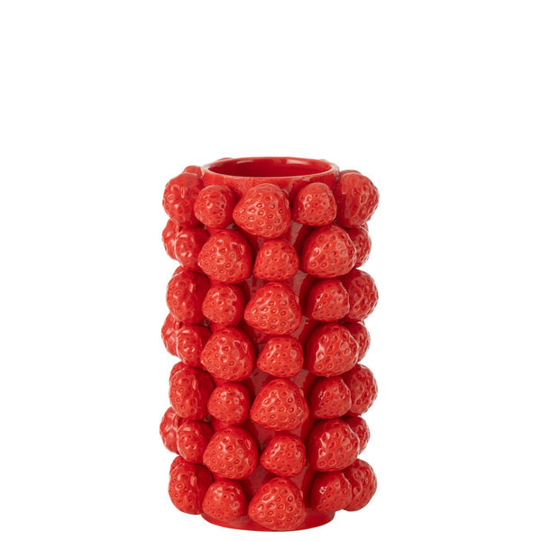 J-Line Vase Strawberries Lid Ceramic Red