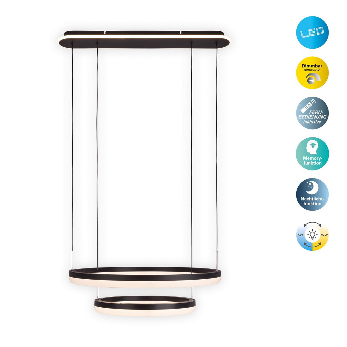LED-CCT-Pendelleuchte "CIRCULO" aus schwarzem Metall und sandfarbenem Kunststoff, mit integrierter LED und vielen Funktionen, Ø 60 cm, 150 cm hoch.