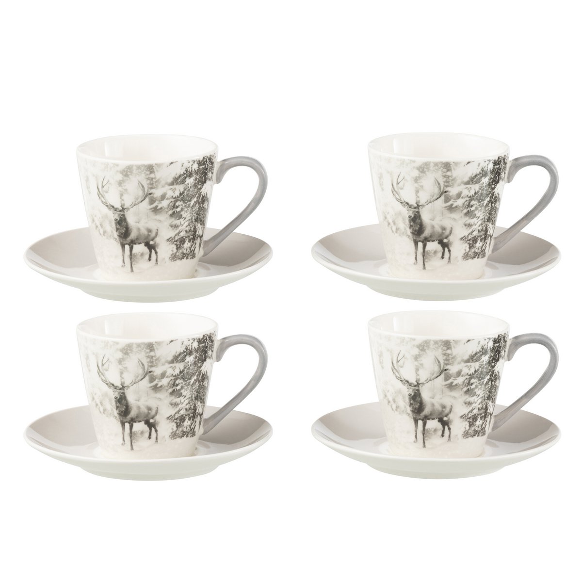 Set van 4 theekopjes en schotels rendiermotief grijs