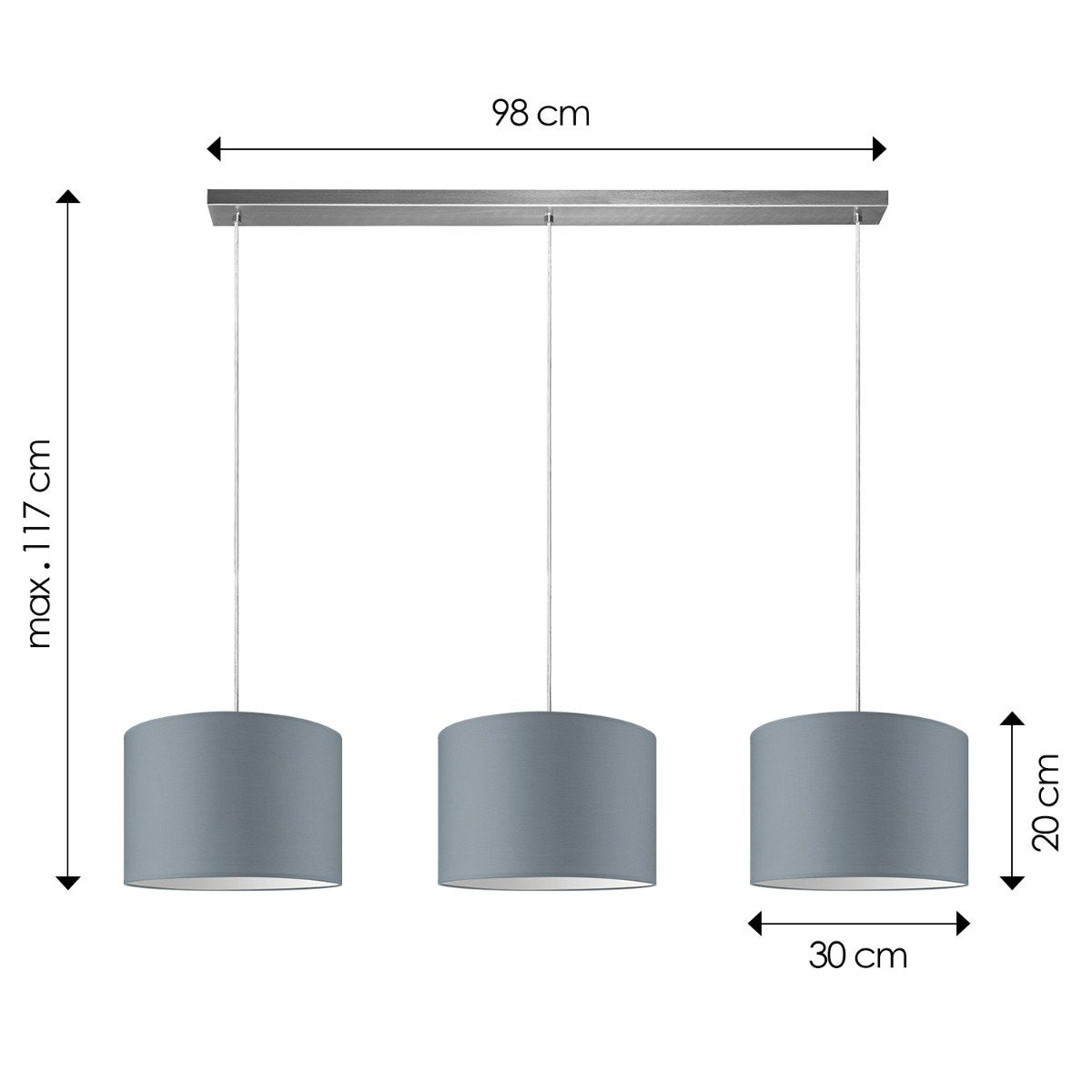 Hängelampe Beam 3L, E27, grauer Lampenschirm, 30 cm