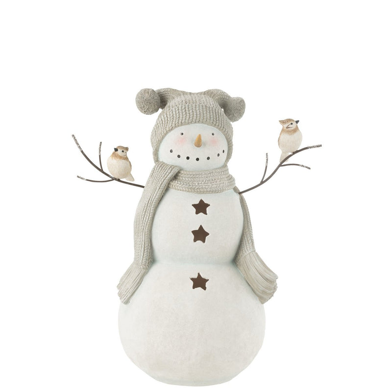 Sneeuwpop LED-figuur met vogels 50 cm witgrijs