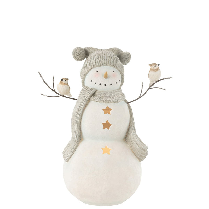 Sneeuwpop LED-figuur met vogels 50 cm witgrijs