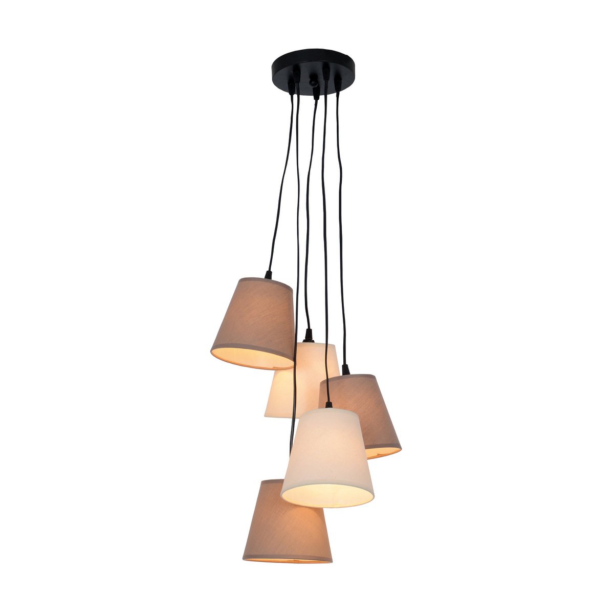 Textile pendant light "BOHO", Young Living, hanging lamp with 5 textile shades in beige and brown, with E14 socket, for dining room, living room, hallway, or office, 95 cm high