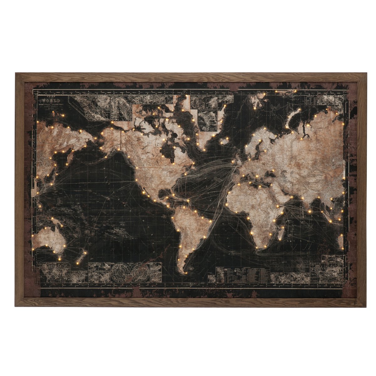 XXL LED World Map Wooden Canvas Black Brown with Frame