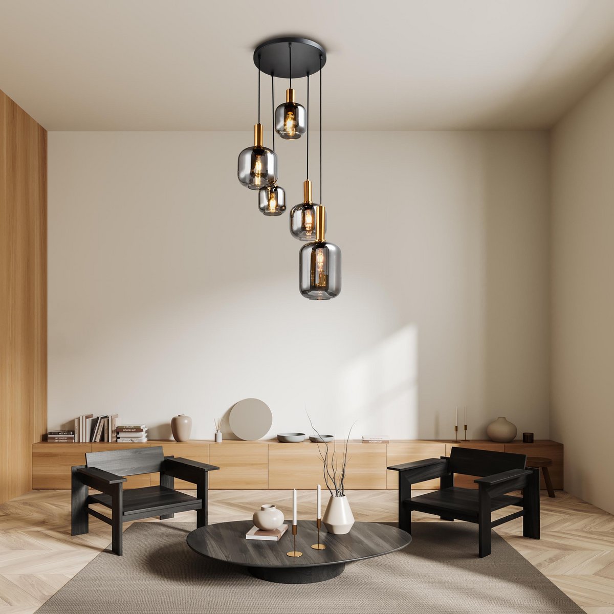 5er Pendelleuchte "FUMO", Pendellampe aus Metall und Glas in Schwarz, mit E14-Fassung, für Esszimmer, Wohnzimmer, Diele oder Büro, Hängelampe Ø ca. 55 cm