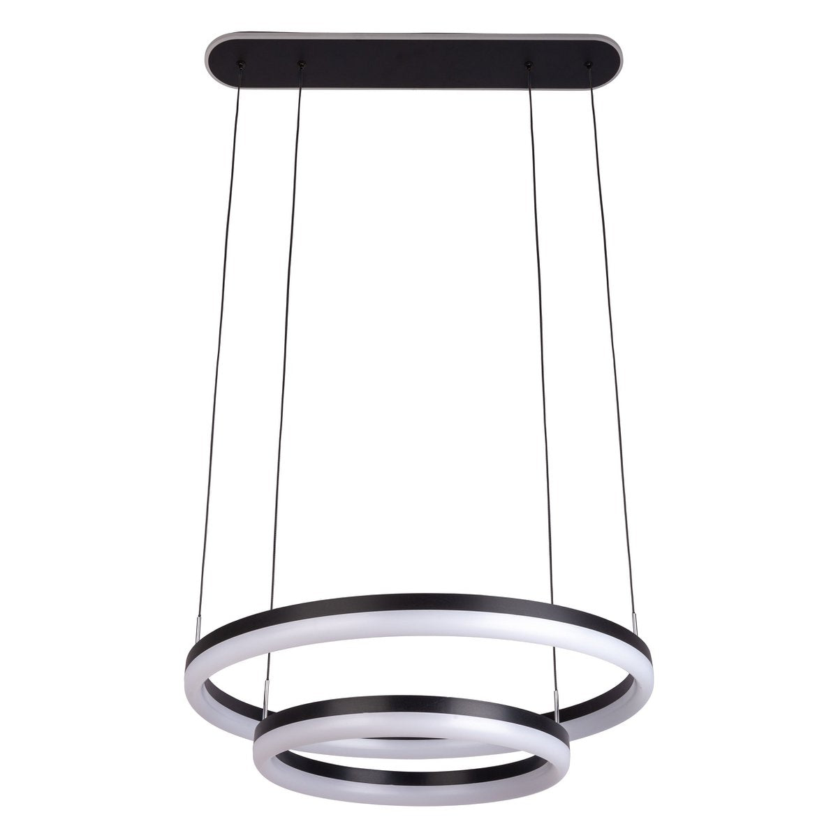 LED-CCT-Pendelleuchte "CIRCULO" aus schwarzem Metall und sandfarbenem Kunststoff, mit integrierter LED und vielen Funktionen, Ø 60 cm, 150 cm hoch.