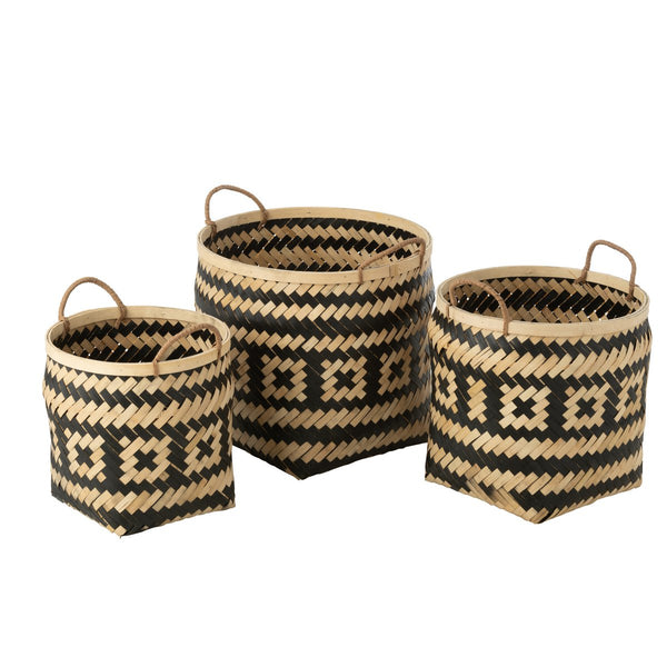 Set van 3 opbergmanden met handgrepen van bamboe en jute in naturel/zwart