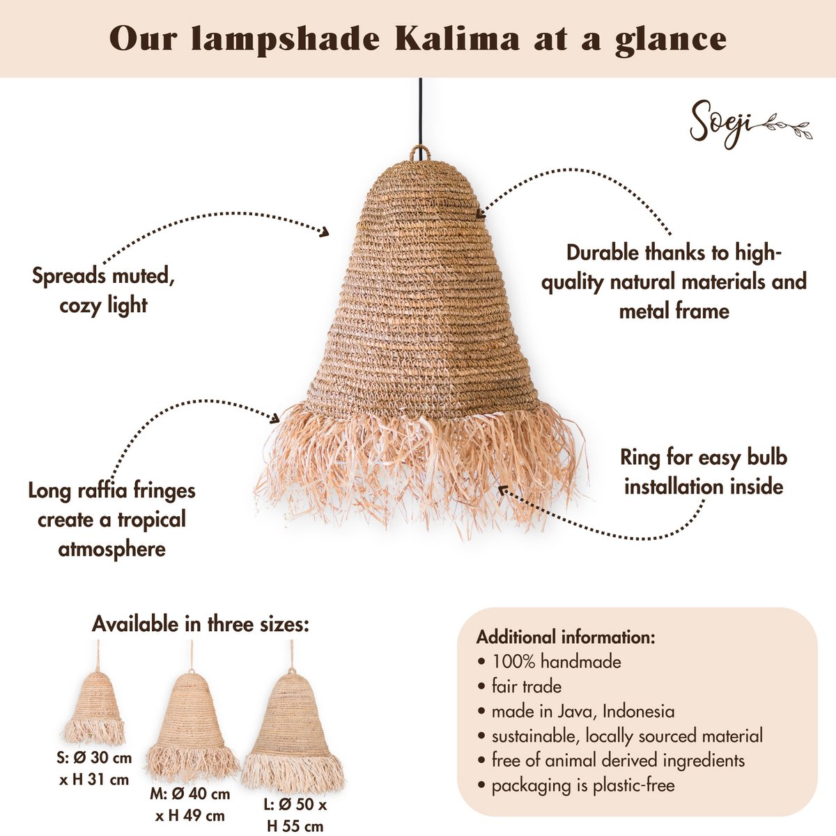 Raffia Boho Lampenschirm – Hängelampe – Pendelleuchte – handgewebte Deckenleuchte mit langen Fransen (3 Größen Ø 30/40/50 cm) KALIMA