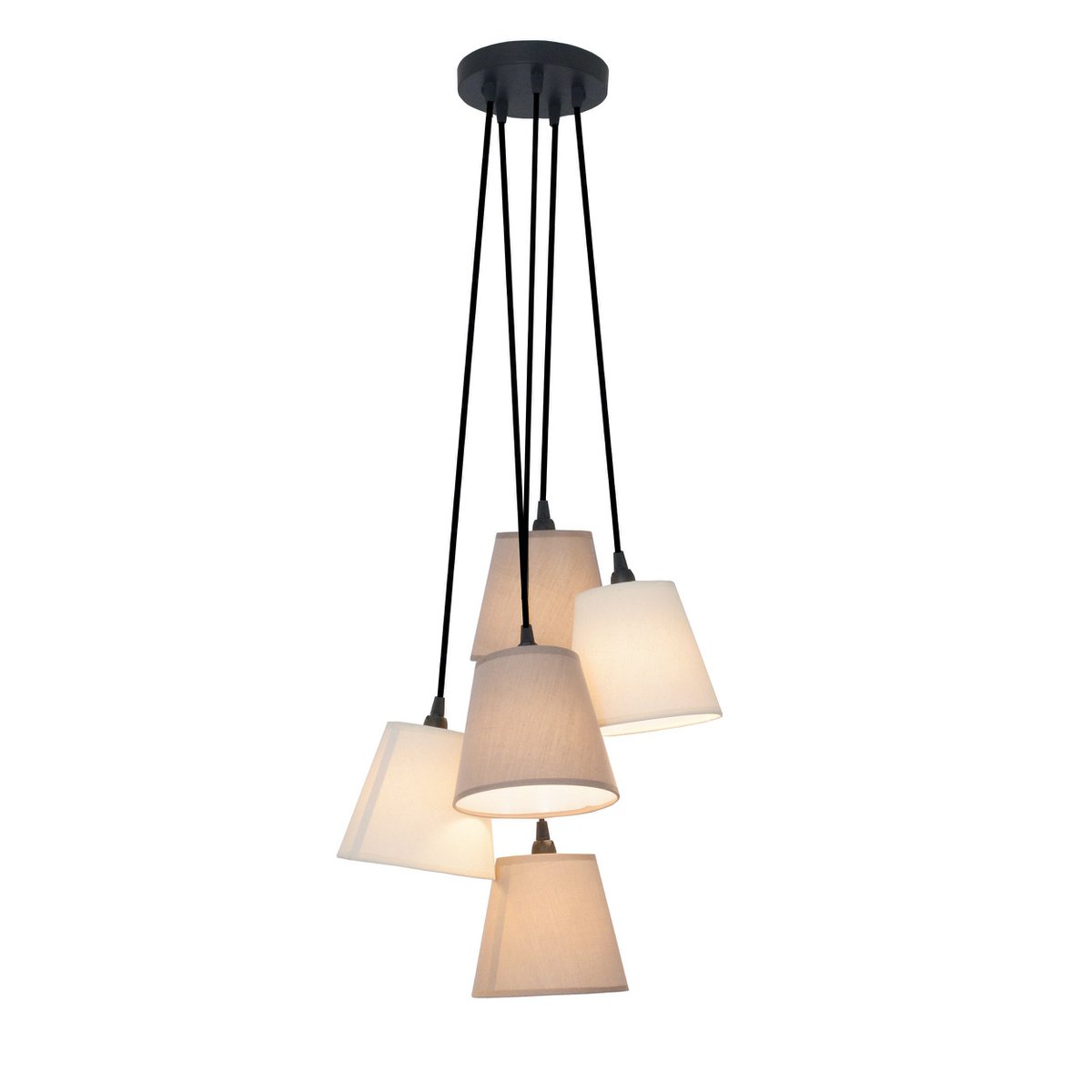 Textile pendant light "BOHO", Young Living, hanging lamp with 5 textile shades in beige and brown, with E14 socket, for dining room, living room, hallway, or office, 95 cm high