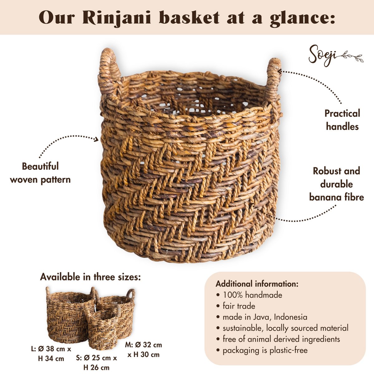 Boho -Wäscherei oder Pflanzenkorb - runder gewebter Lagerkorb - dekorativer Korb aus Bananenfasern (3 Größen Ø 25/32/38 cm) Rinjani