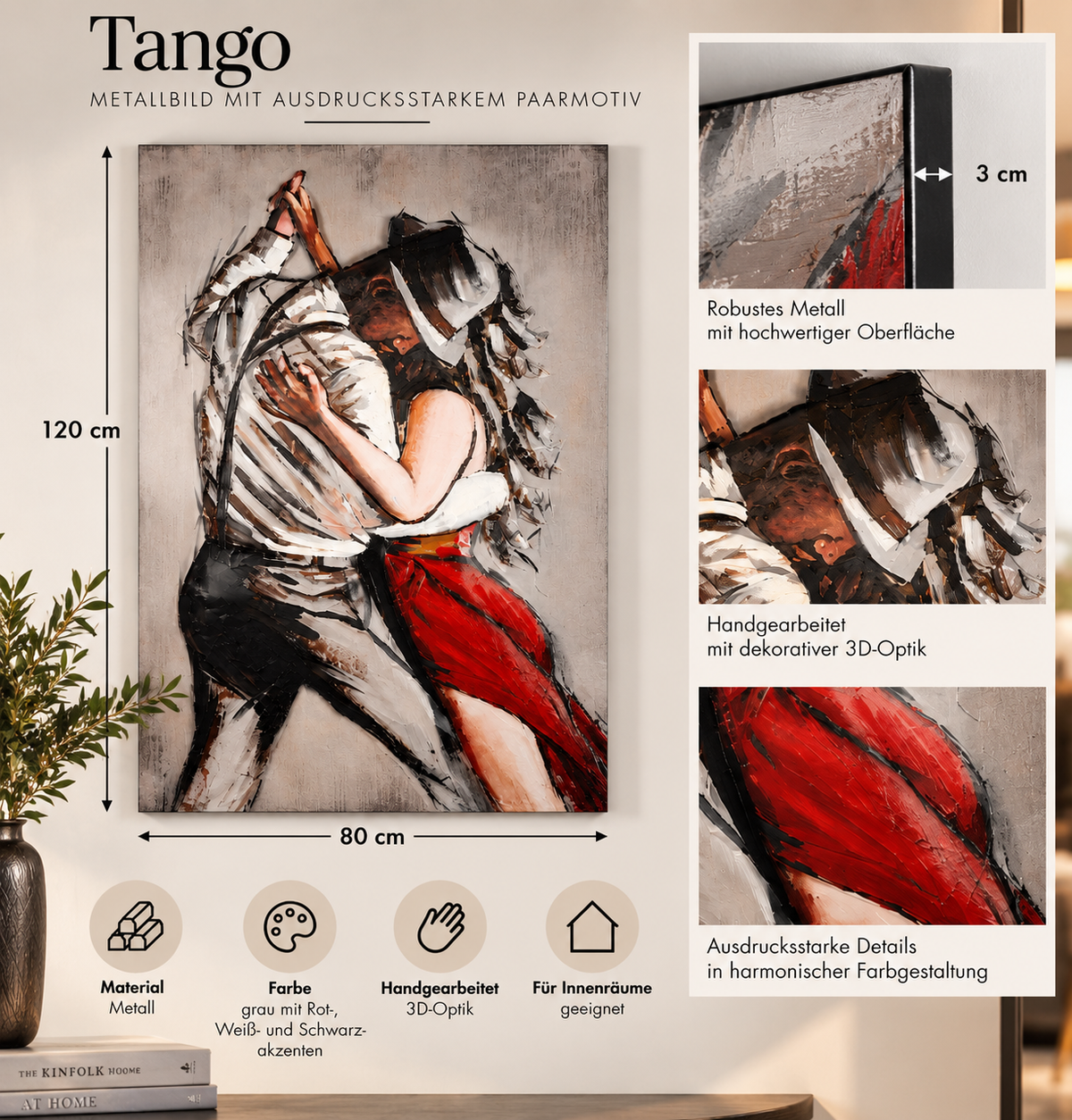 Metallbild Tango Paarmotiv grau rot 80 x 120 cm