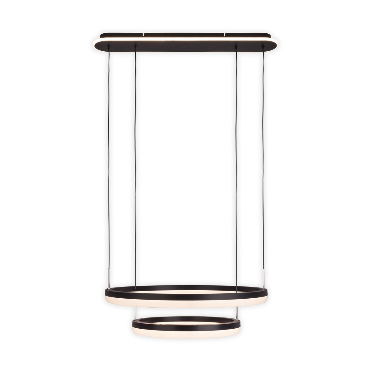LED-CCT-Pendelleuchte "CIRCULO" aus schwarzem Metall und sandfarbenem Kunststoff, mit integrierter LED und vielen Funktionen, Ø 60 cm, 150 cm hoch.