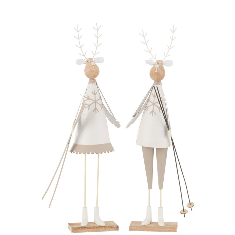 2er Set Rentier Deko Figuren Jungen Mädchen Metall Holz Weiß Beige 49 cm