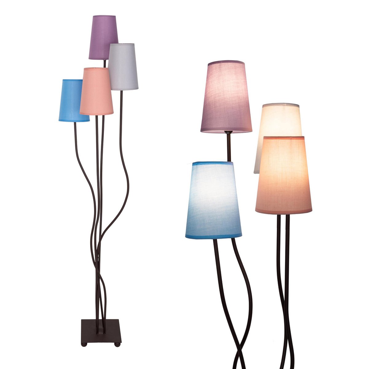 Textilstehleuchte 4-flammig "BOHO" bunt, Stehlampe mit bunten Schirmen, mit E14-Fassung, für Esszimmer, Wohnzimmer, Diele oder Büro, 140 cm hoch