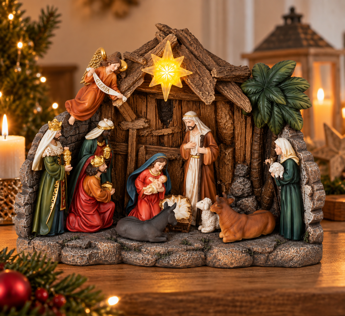 Weihnachtskrippe mit 11 Figuren und LED Stern 26,3 cm