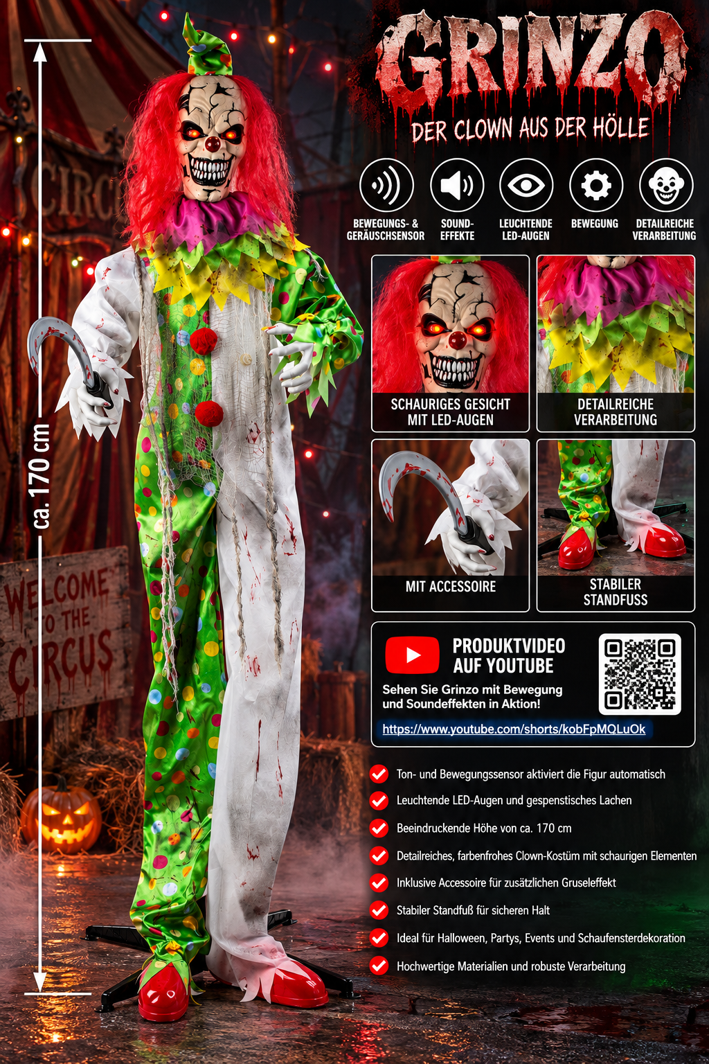 Horror Clown Grinzo mit Sound LED und Bewegung 170cm