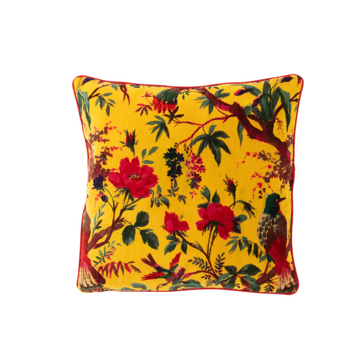 J-Line cushion birds/flower tree linen velvet yellow