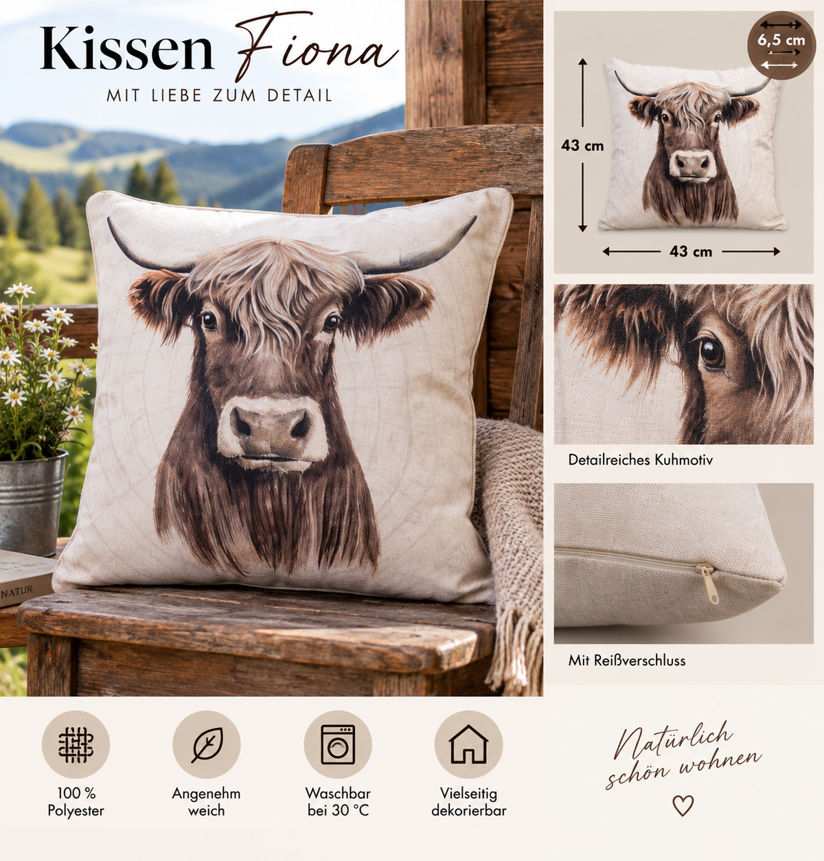 Dekokissen Fiona 3er Set Hochlandrind beige braun 43 x 43 cm