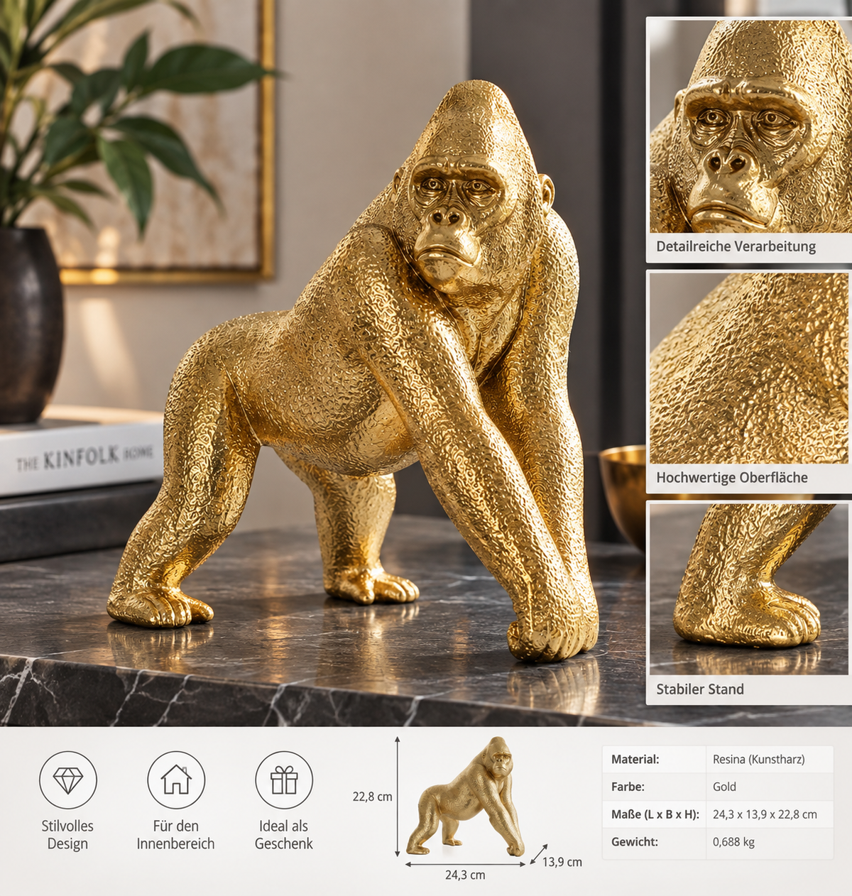 Dekofigur Gorilla Gold 24,3 cm moderne Tierfigur