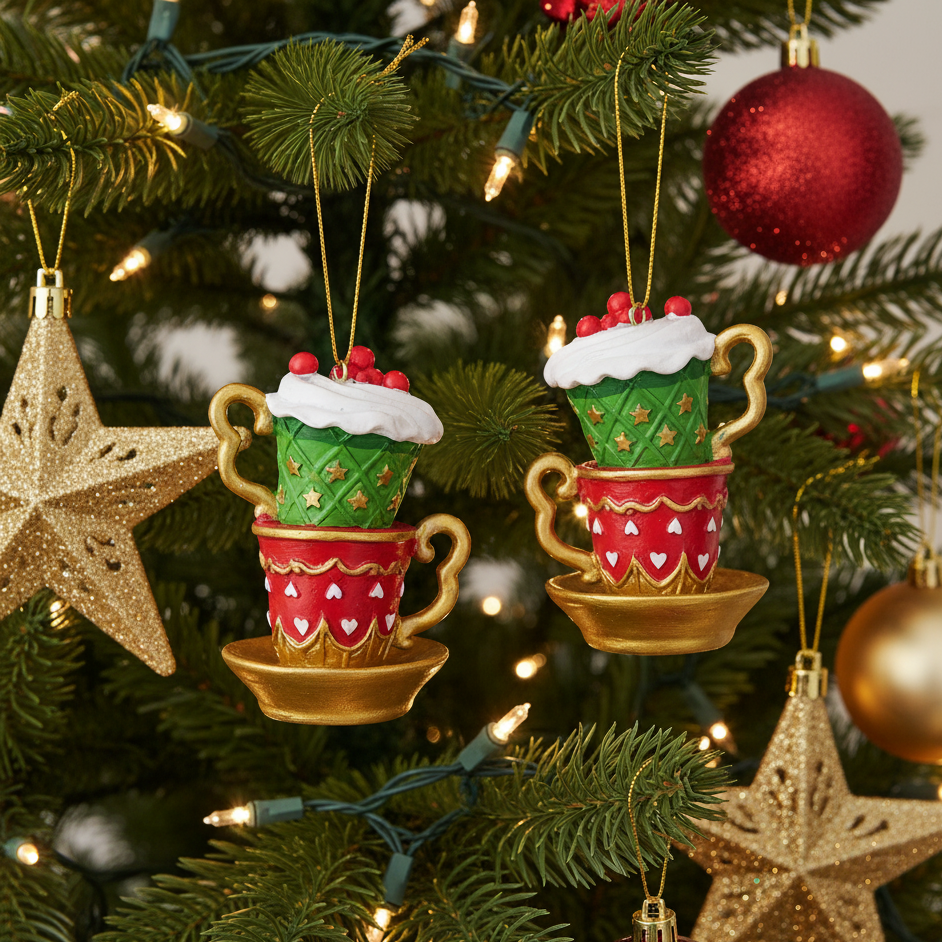 Christmas decoration cup set of 2 cups hand-painted gold green red
