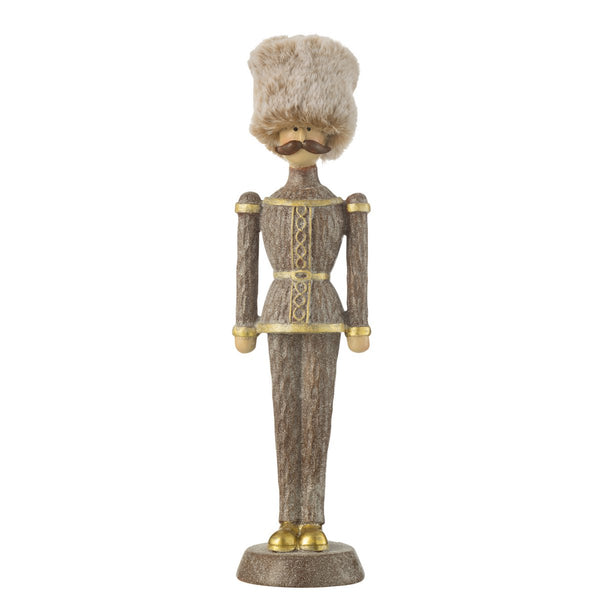 Brauner Nussknacker mit Fellhut und Pailletten – 32 cm Polyresin Figur
