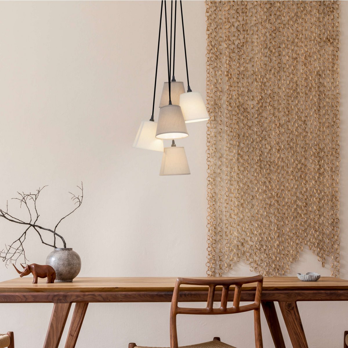 Textile pendant light "BOHO", Young Living, hanging lamp with 5 textile shades in beige and brown, with E14 socket, for dining room, living room, hallway, or office, 95 cm high