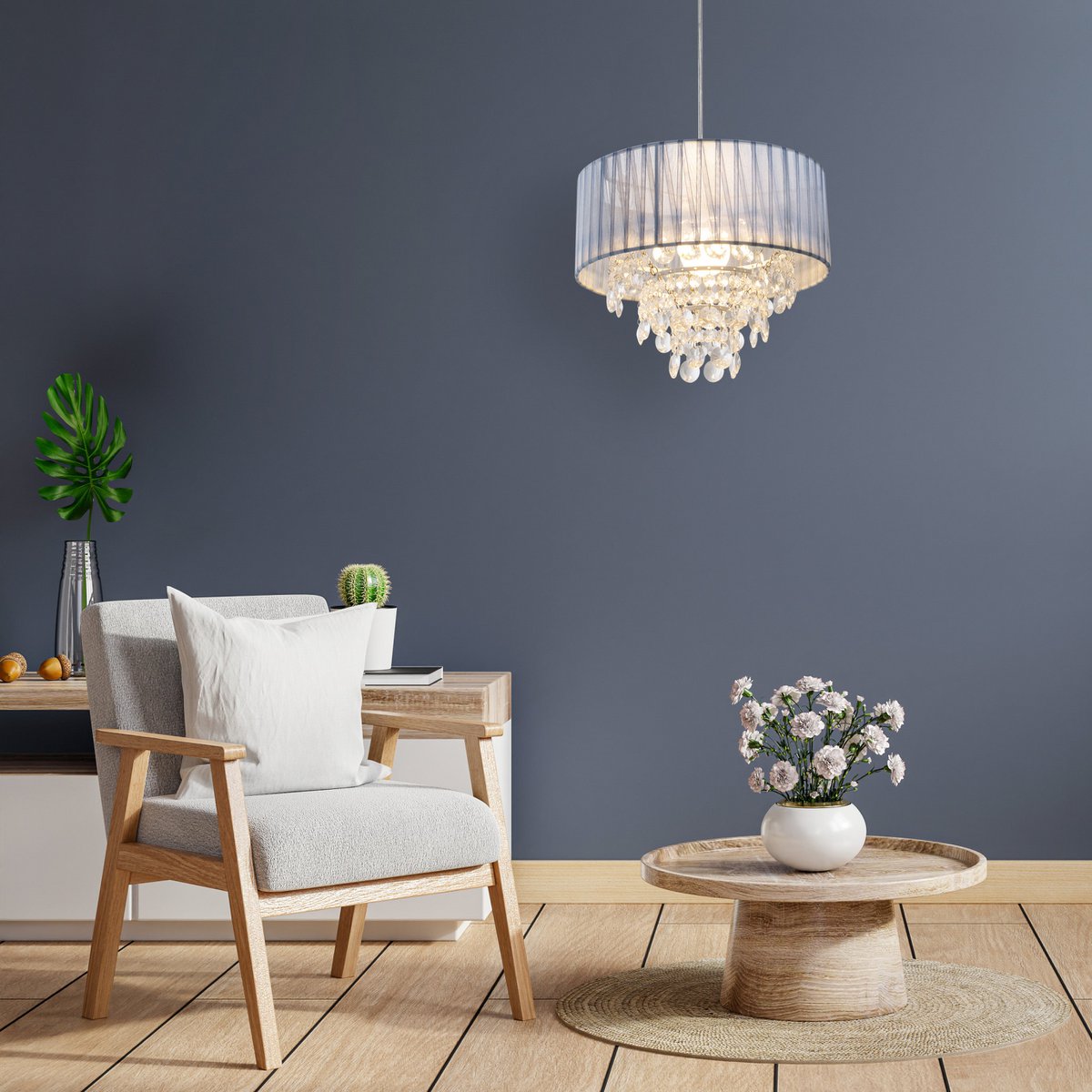 Decorative pendant light "KRISTALLO", hanging lamp made of metal, transparent plastic, and gray textile material, E27 socket, for dining room, living room, hallway, or office, 30 cm diameter
