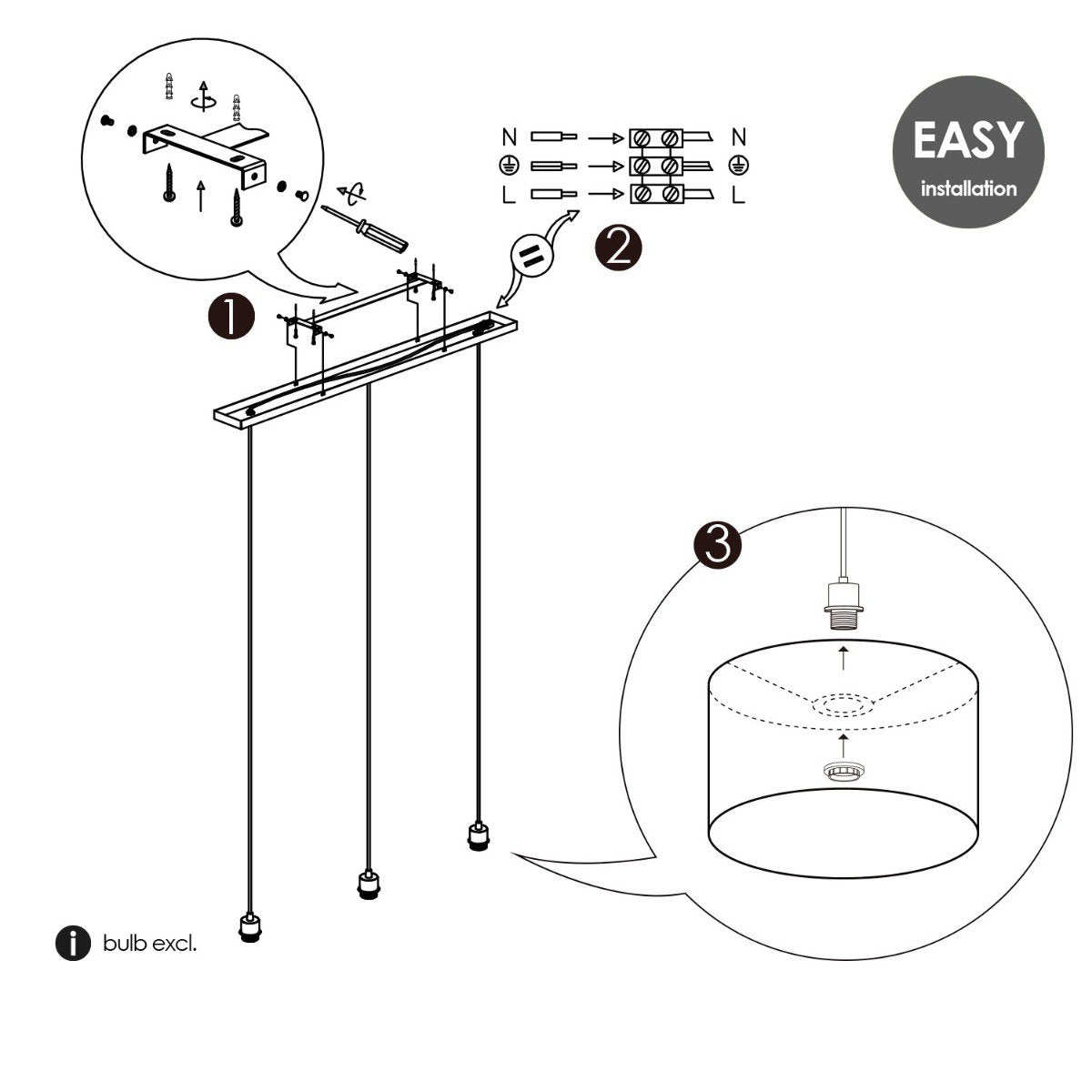 Hängelampe Beam 3L, E27, grauer Lampenschirm, 30 cm