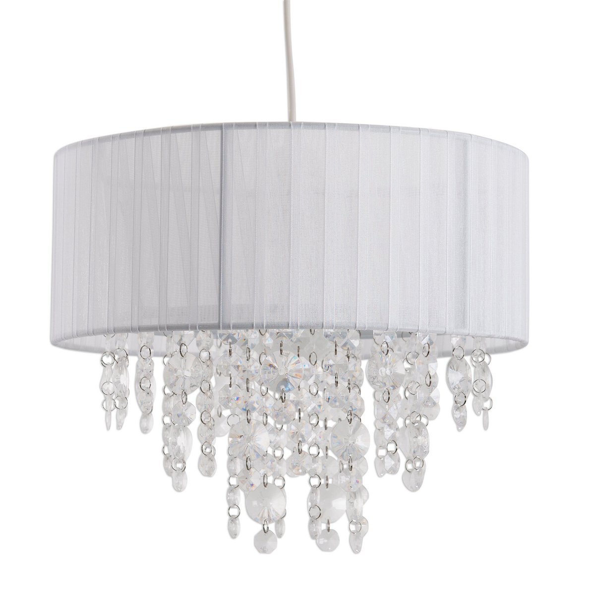 Deko-Pendelleuchte "KRISTALLO", Hängelampe aus Metall, transparentem Kunststoff und weißem Textilmaterial, E27-Fassung, für Esszimmer, Wohnzimmer, Diele oder Büro, 30 cm Durchmesser