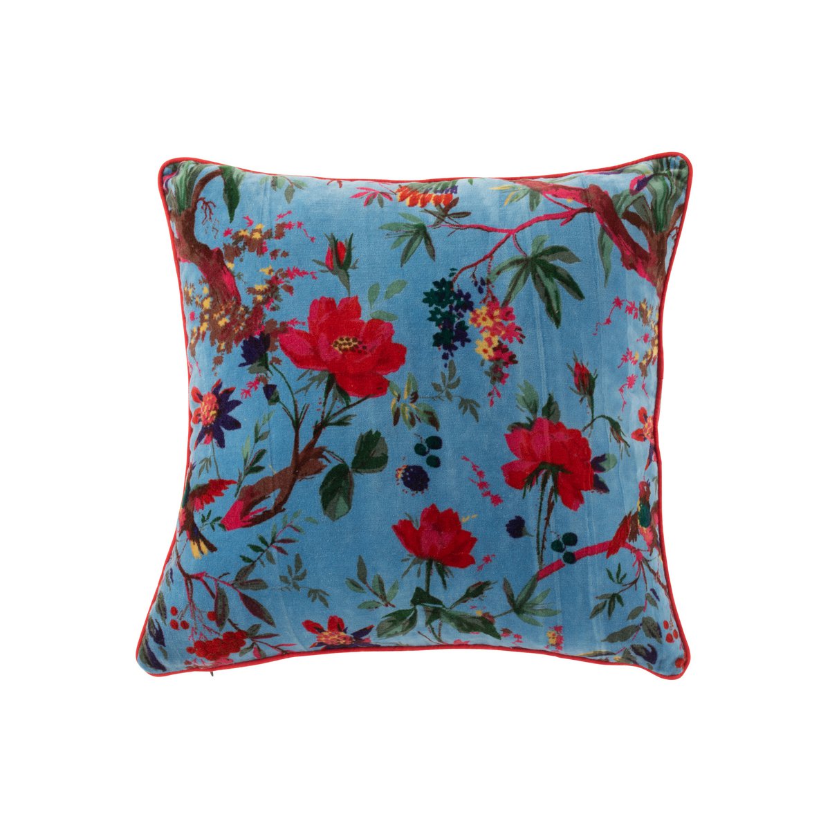 J-Line Cushion Birds/Floral Tree Linen Velvet Blue